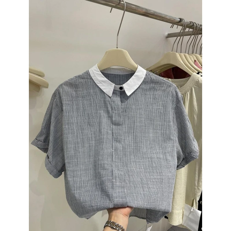 

French Retro Striped Shirt Women Summer New Fashion Trendy Blouse Unique Design Casual Wear Versatile Tops Daily Outfits Chic