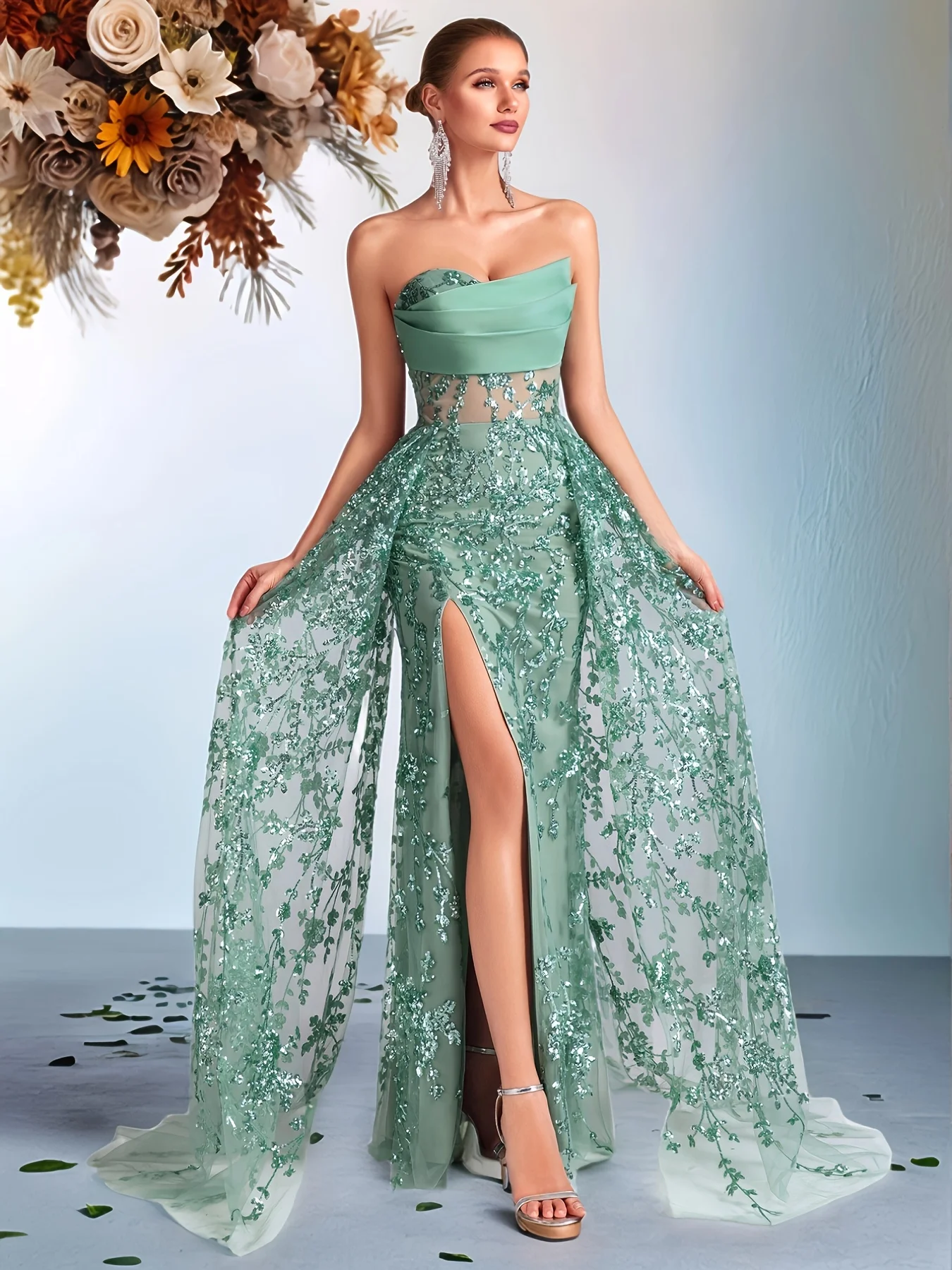 Elegant Strapless Evening Dress, Women's Sage Green Sequin - Embroidered Gown with Slit & Sheer Panel for Luxury PartyCustomized