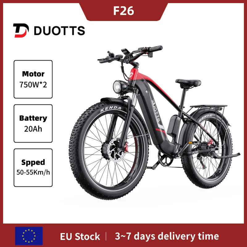 Vélo électrique DUOTTS F26 1500W 48V 20Ah Batterie longue portée Freins hydrauliques Pneus larges 26*4 pouces Vélo tout-terrain pour la ville et les trajets quotidiens