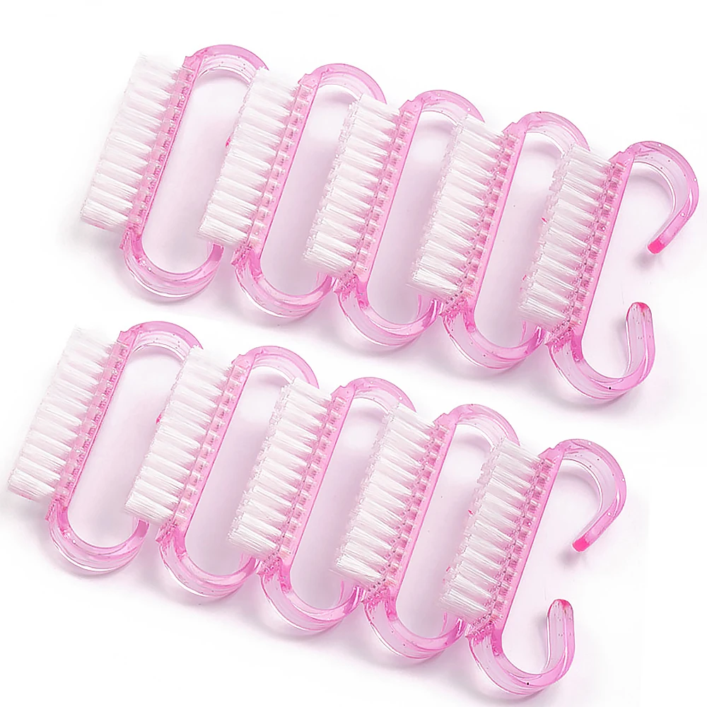 5pcs สีชมพู Bull Horn Shape Handle Grip แปรงเล็บ 6.4*1.4*3.4 ซม.ลบ DustKit ขัดเล็บถู Strip ทําความสะอาดเล็บเครื่องมือ