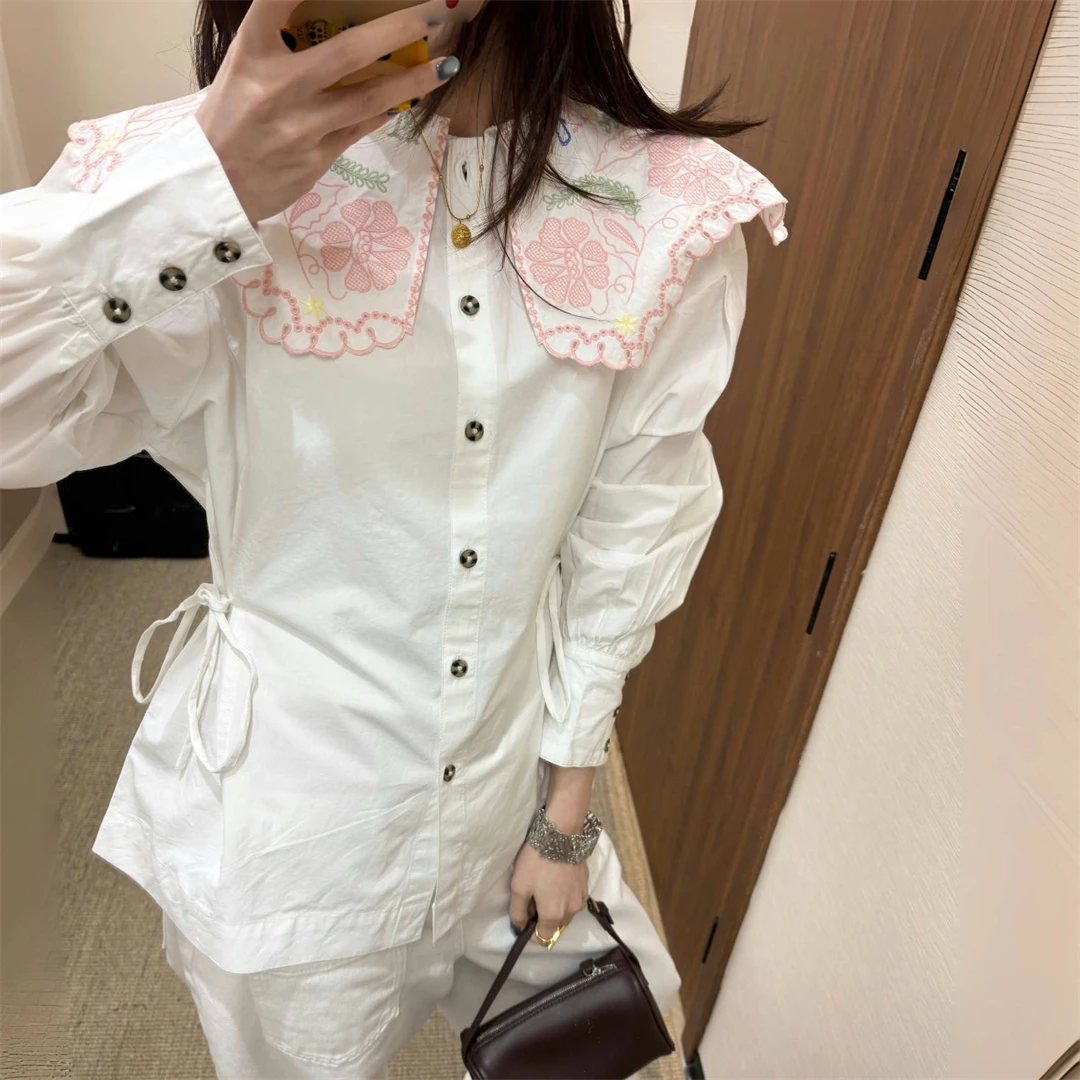 

Sweet Embroidered Doll Collar Shirt Pink Flowers Damso Spring 2026 French Style Loose Fit Cotton Long Sleeve Women's Blouse