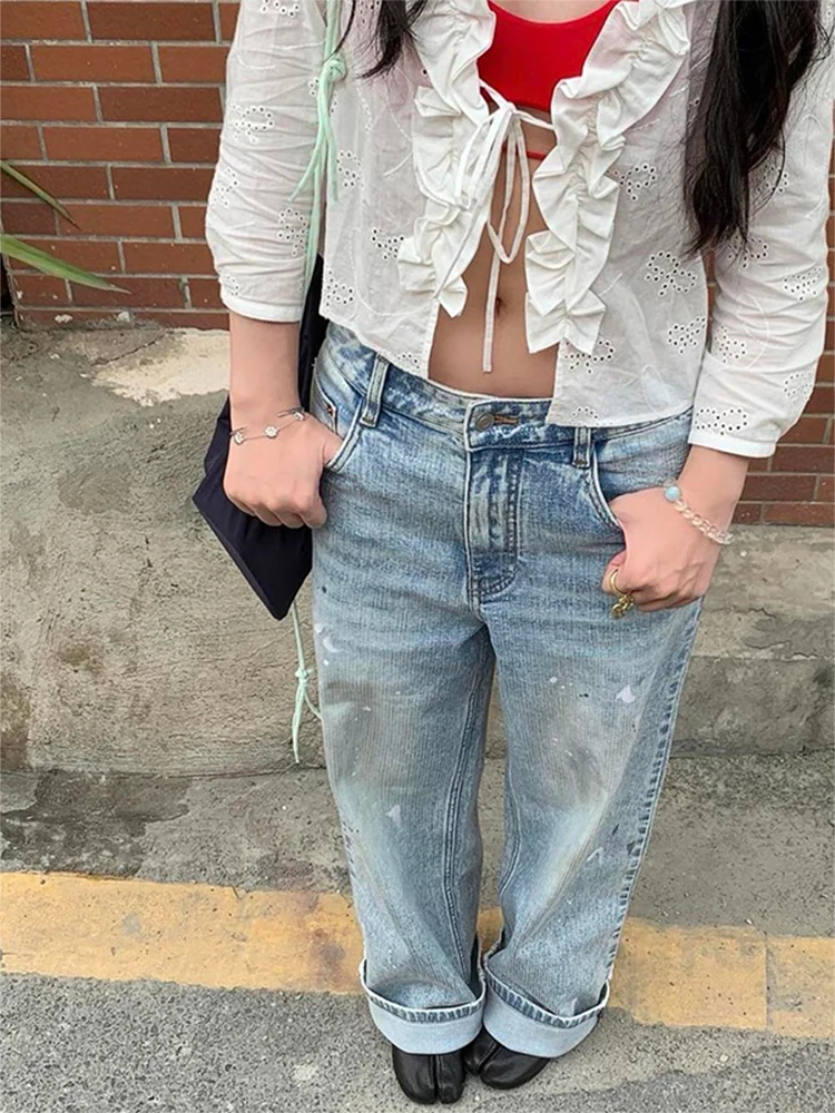 

Women Blue Embroidery Jeans Baggy Denim Trousers Harajuku 90s Vintage Y2k Jeans Long Pants Japanese 2000s Style Oversize Clothes