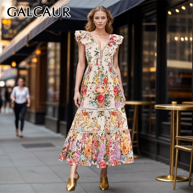 GALCAUR Elegant Printing Dresses Women V Neck Flying Sleeve High Waist Hollow Out Backless Spliced Lace Up Vintage Dress Female