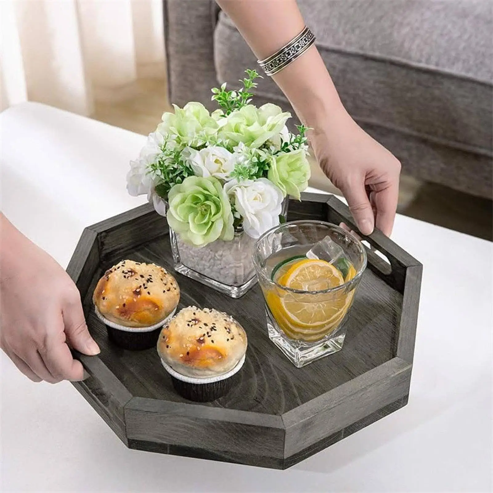 Serving Tray with Cutout Handles Home Decor Vintage Jewelry Storage Wooden Tray Food Dish for Coffee Fruit Dessert Salad Cheese