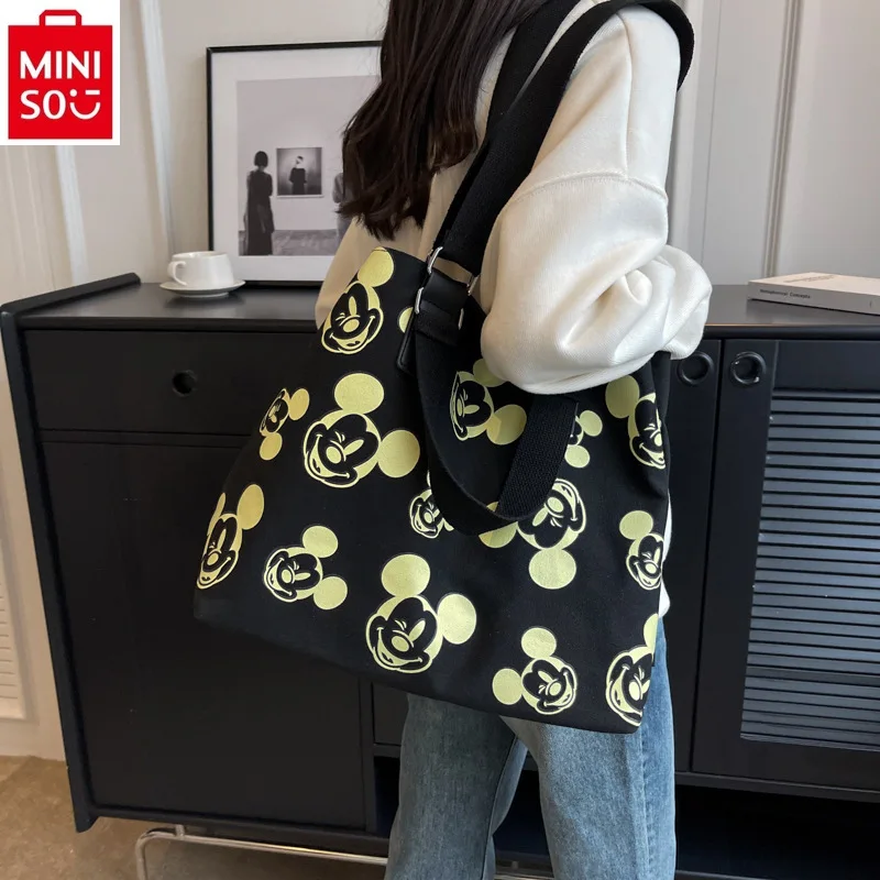 MINISO Disney Cartoon Mickey Canvas Shoulder Bag Student Fashion Casual Versatile Women's Handheld Crossbody Bag