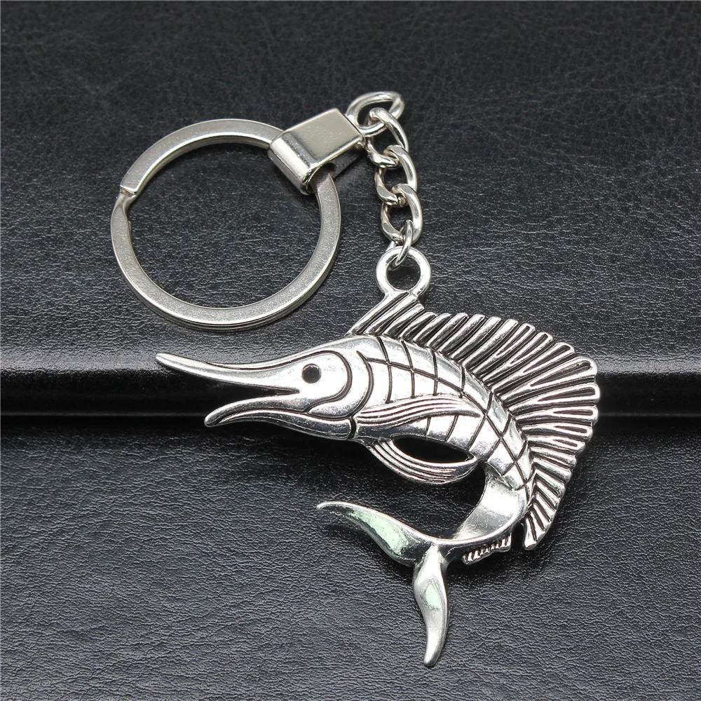 Men Jewelry Gift Vintage Antique Silver Color 55x40mm Swordfish Pendants Keychain Keyring Holder