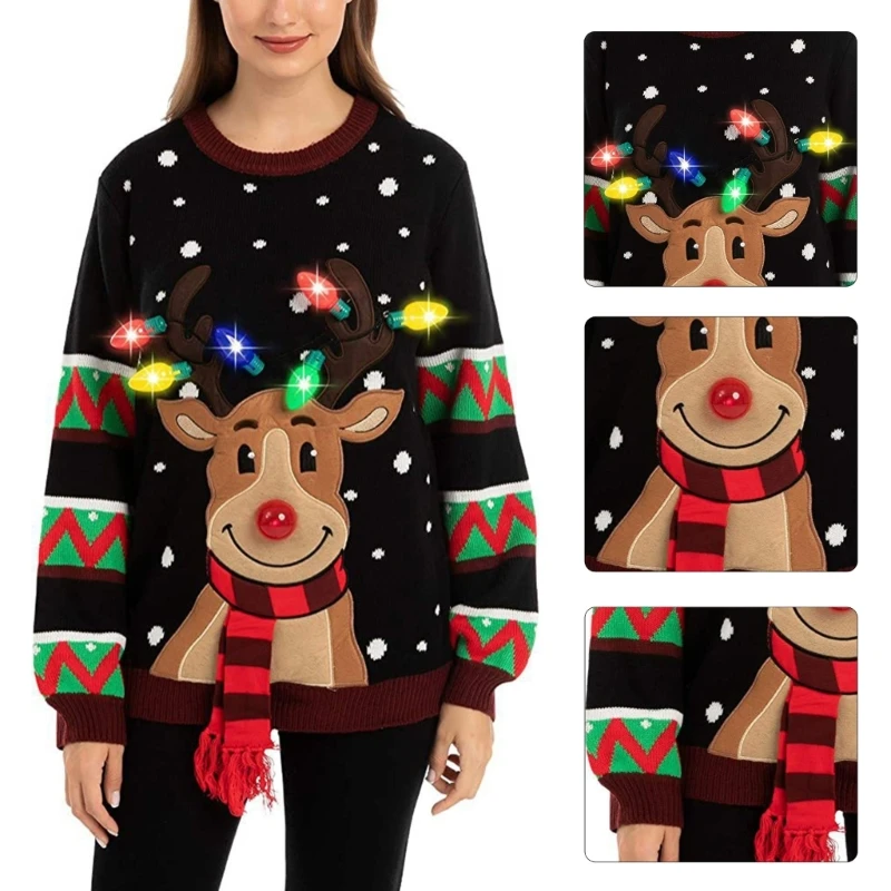 Women LED Light Up Holiday Sweater Christmas Cartoon Reindeer Knit Pullover Top