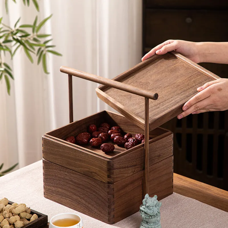 Black Walnut Solid Wood Lift Handle Fruit Plate for Home Living Room Coffee Table Compartment Snack Candy Nut Plate