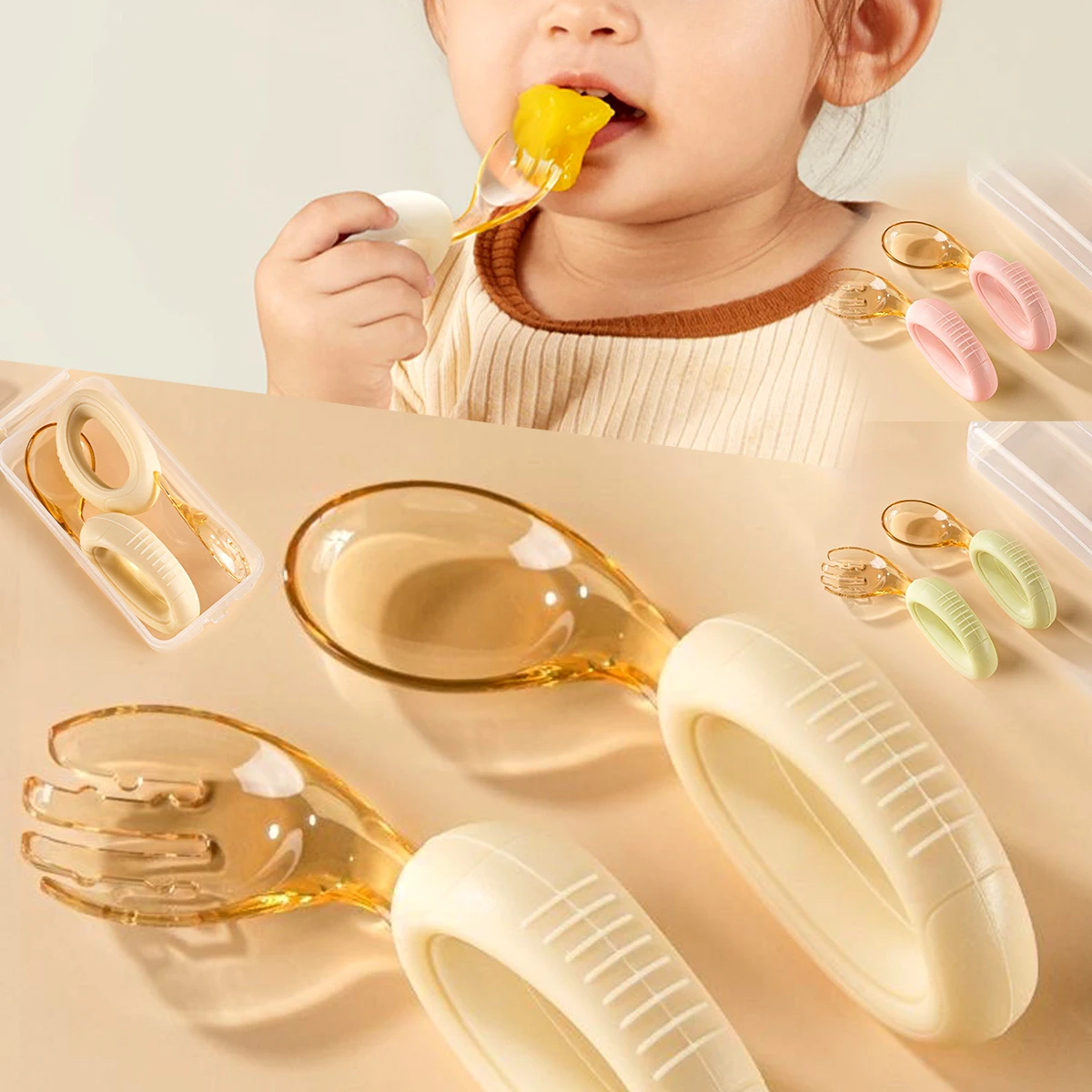 

Baby Cutlery Set With Curved Silicone Handle Children's Spoon and Fork Sets Reusable Baby Learning Spoon for Toddlers and Girls