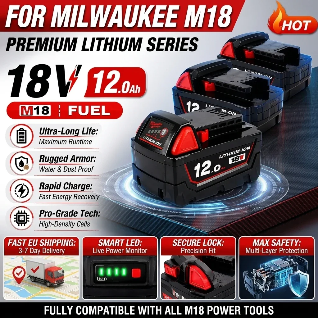 Batteria al litio di ricambio da 18 V e 12,0 Ah per la serie Milwaukee M18, compatibile con tutti gli utensili elettrici a batteria da 18 V della serie M18, pacco batteria agli ioni di litio ad alta