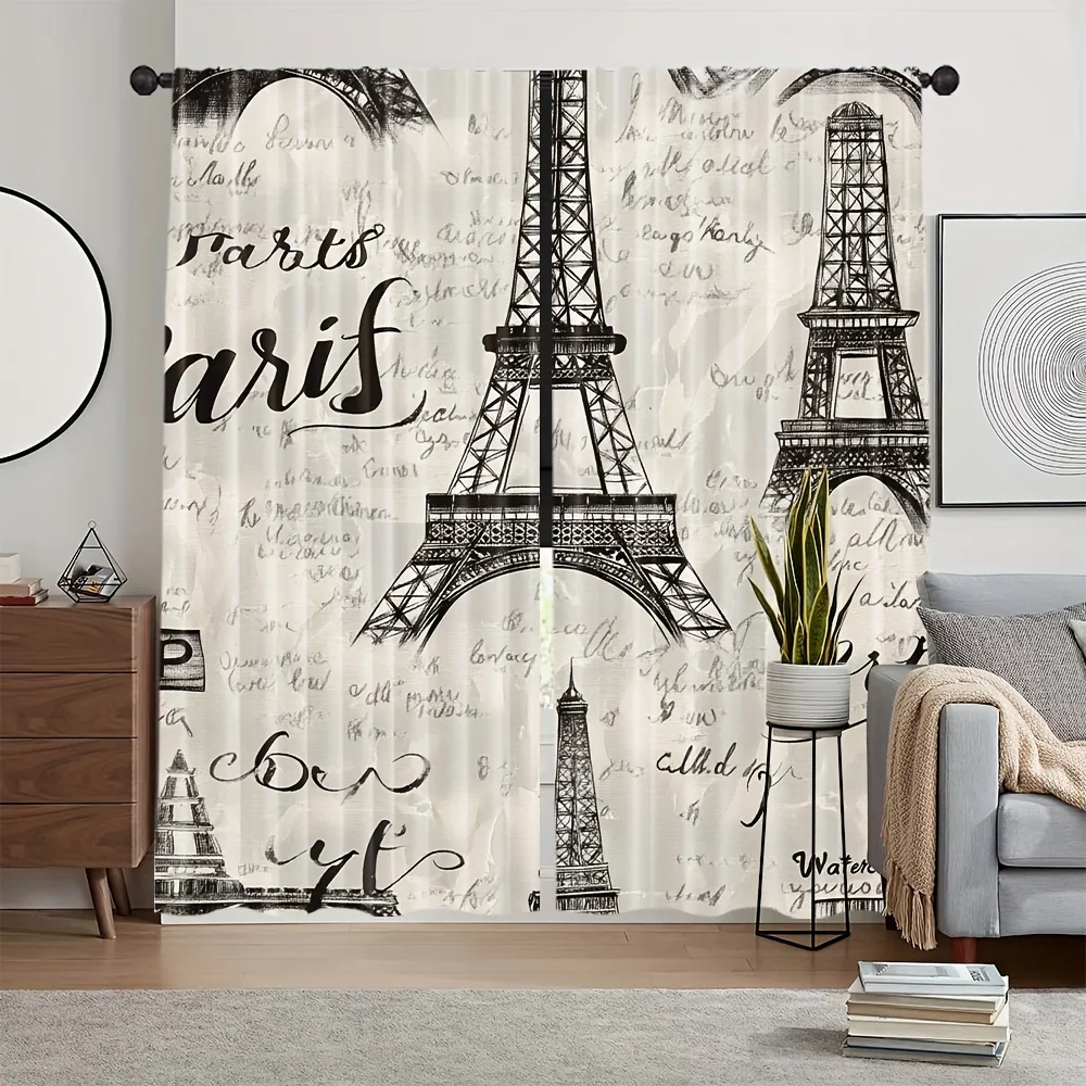 2pcs Eiffel Tower Paris Curtains Vintage Script Print Blackout Drape Living Room Bedroom Window Treatment Home Decor