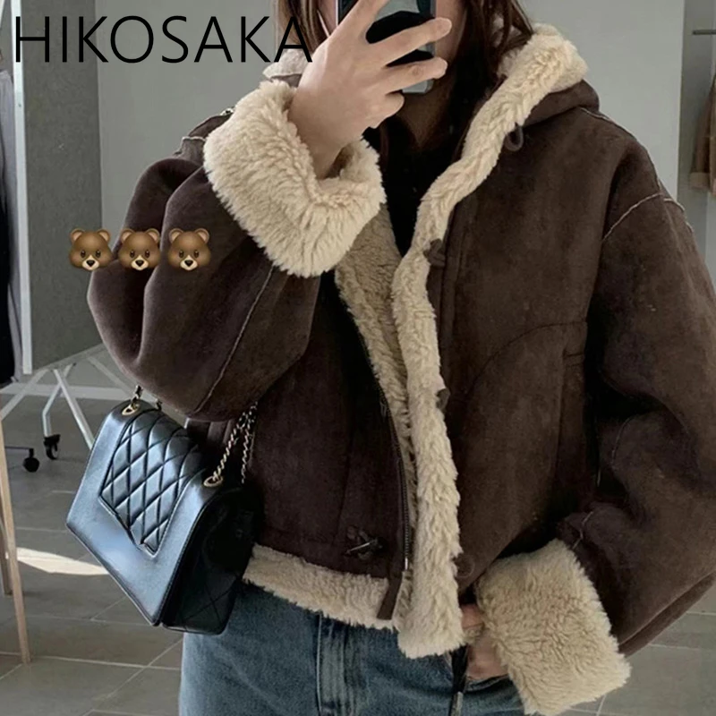 2024 Winter New Korean Casual Short Jacket Thick Warm Lamb Wool Fur All-in-one Coats Horn Button Long Sleeve Hooded Outwears