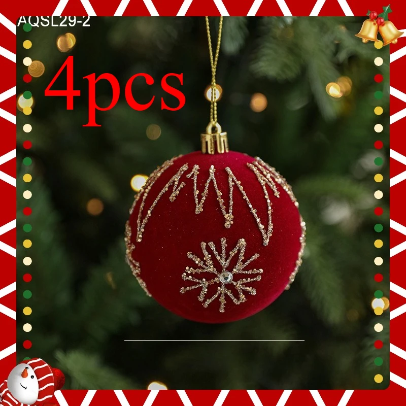 Burgundy Flocked Glitter Christmas Ball Ornaments – 4-Piece Set 2