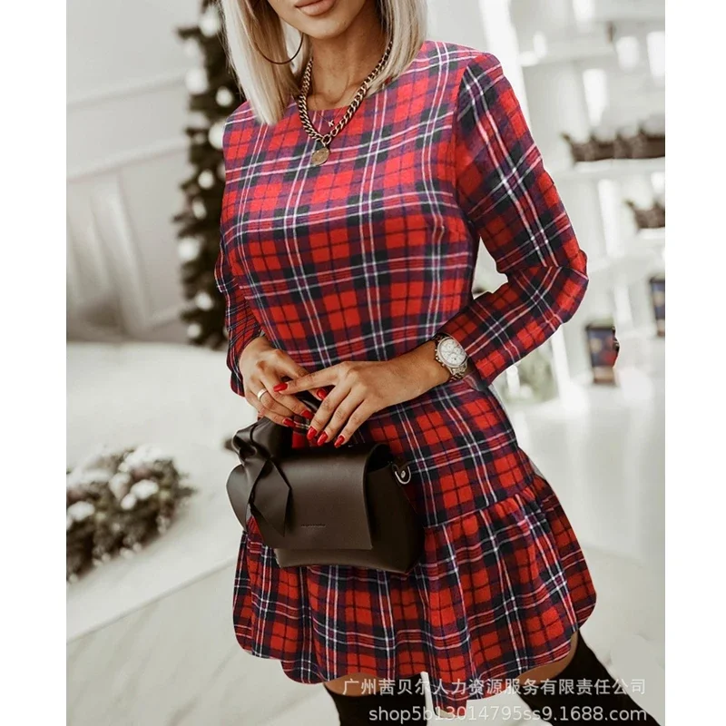 Women\'s Dress Women\'s Casual Long Sleeve O-Neck Pleated Stitching Dress Summer Sexy Plaid Slim Fit High Waist Dress