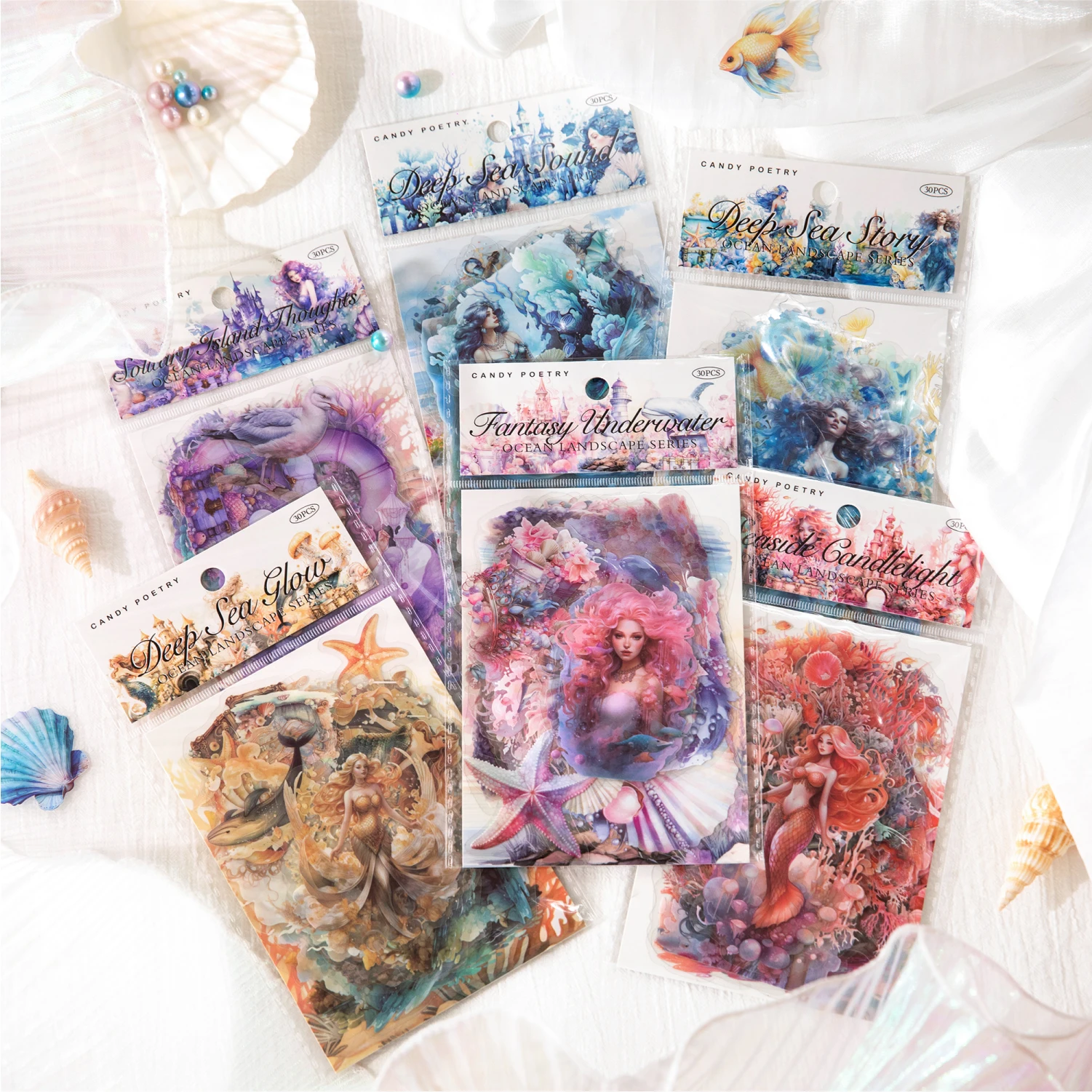 JIANQI 20 pcs PET sticker package ocean series Dreamlike watercolor mermaid ocean hand tent DIY decorative collage material