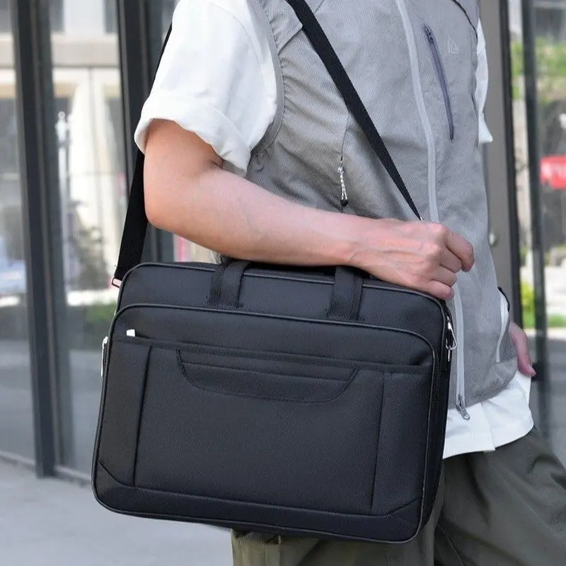 Waterproof Nylon Men Handbag Black Tactical Buckles Laptop Bag Business Commute Daily Travel Durable