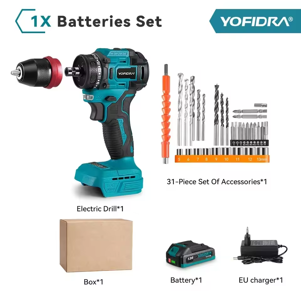 YOFIDRA 2 in1 Brushless Electric Screwdriver Hammer Cordless Drill Impact Multifunctional Power Tool For 21V 18V Battery Pins
