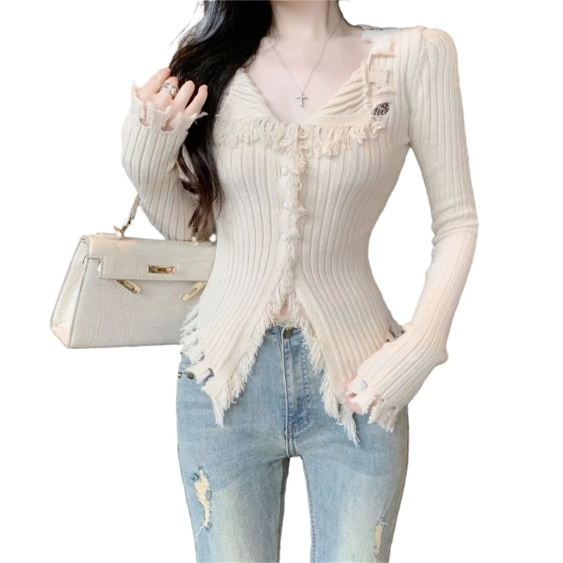 Women Y2K Frayed Tassels Trim Knitted Cardigan Long Sleeve Lapel V-Neck Button Up Casual Aesthetic Sweater Crop Top N7YE