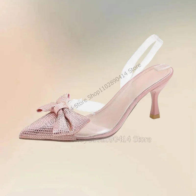 

Pink Crystal Bow Knot PVC Hollow Cut Heel Pumps Slip On Women Shoes Thin High Heels Pointed Toe Fashion 2023 Zapatos Para Mujere