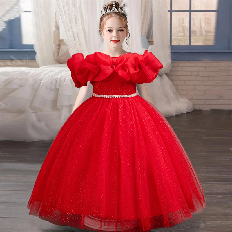 New 4-12 Years Old Children Dress Girls Princess Dress Beaded Satin Bow Party Costume Elegant Girls High-end Venue Dress