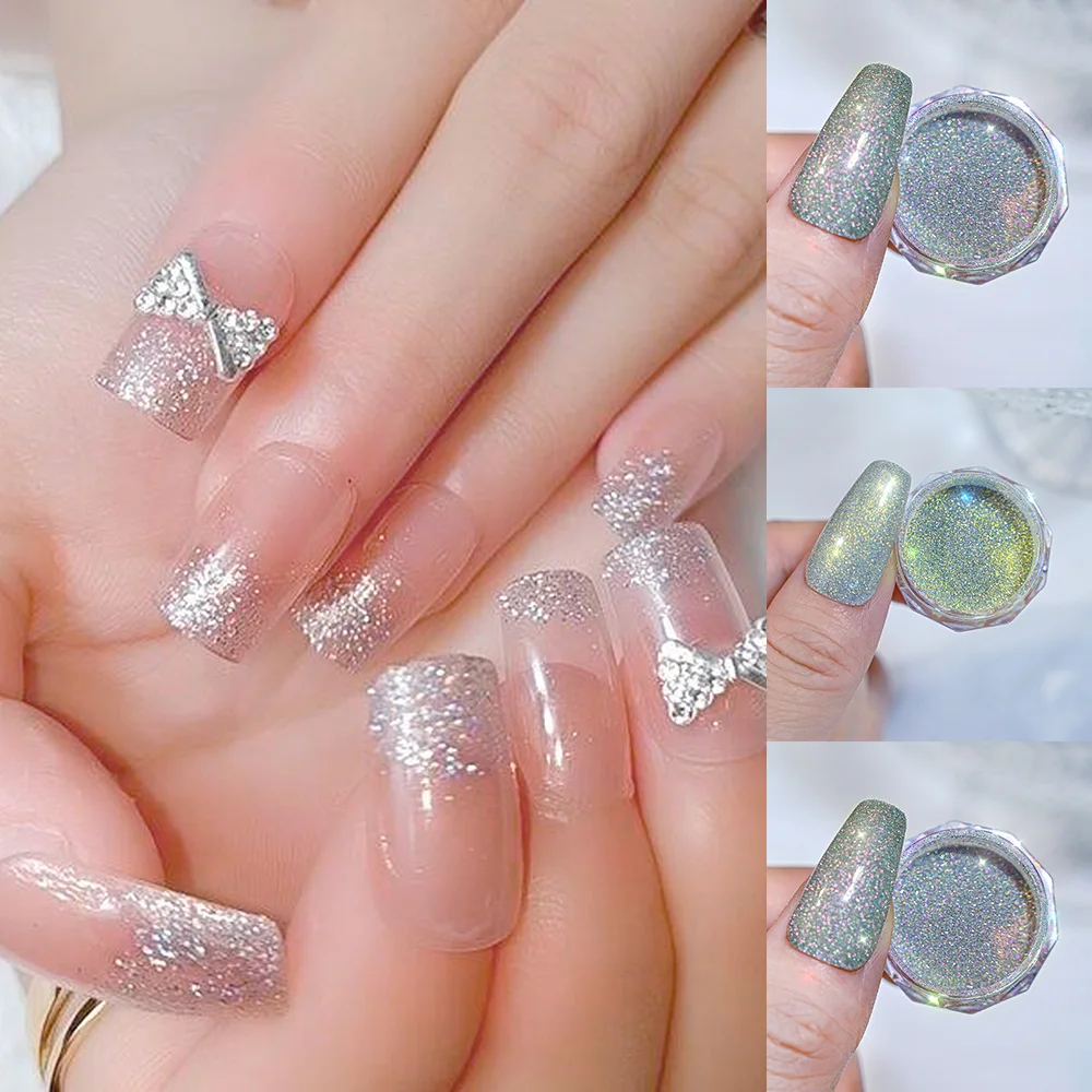 1 tarro, 6 colores, Aurora, verde menta, polvo para uñas, brillo, diamante brillante, arte de uñas, polvo para frotar, pigmento de Gel holográfico brillante para uñas