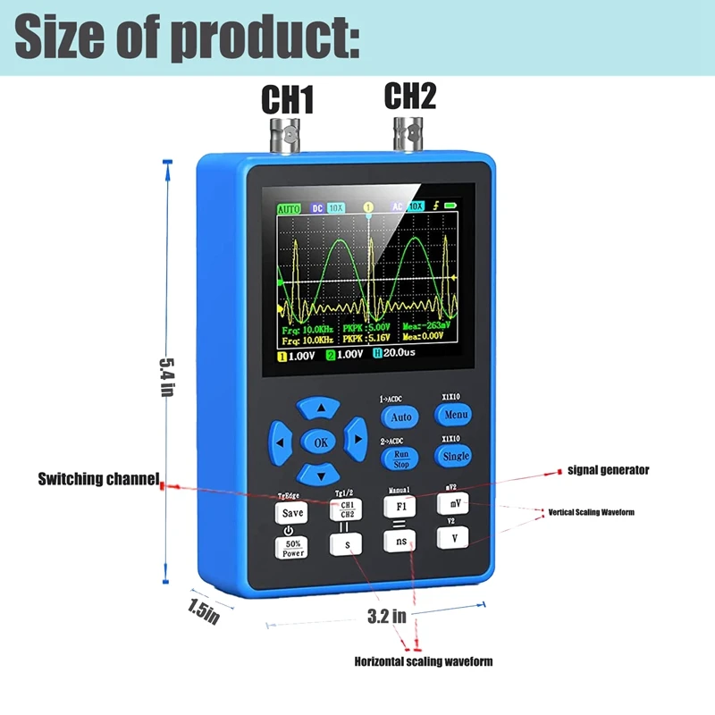 ABKD DSO2512G Oscilloscope - 2-In-1 Digital Oscilloscope & DDS Signal Generator, 120Mhz Bandwidth 500Msa/S Sampling Rate