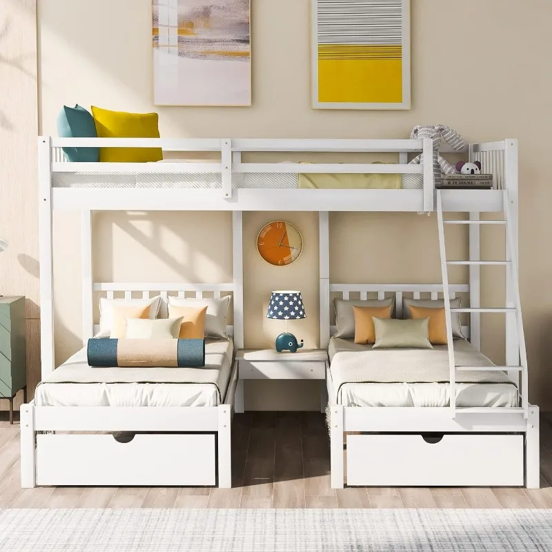 Convertible Bunk Bed Foldable Ladder Bed Removable 3 Beds Children's Beds with Storage