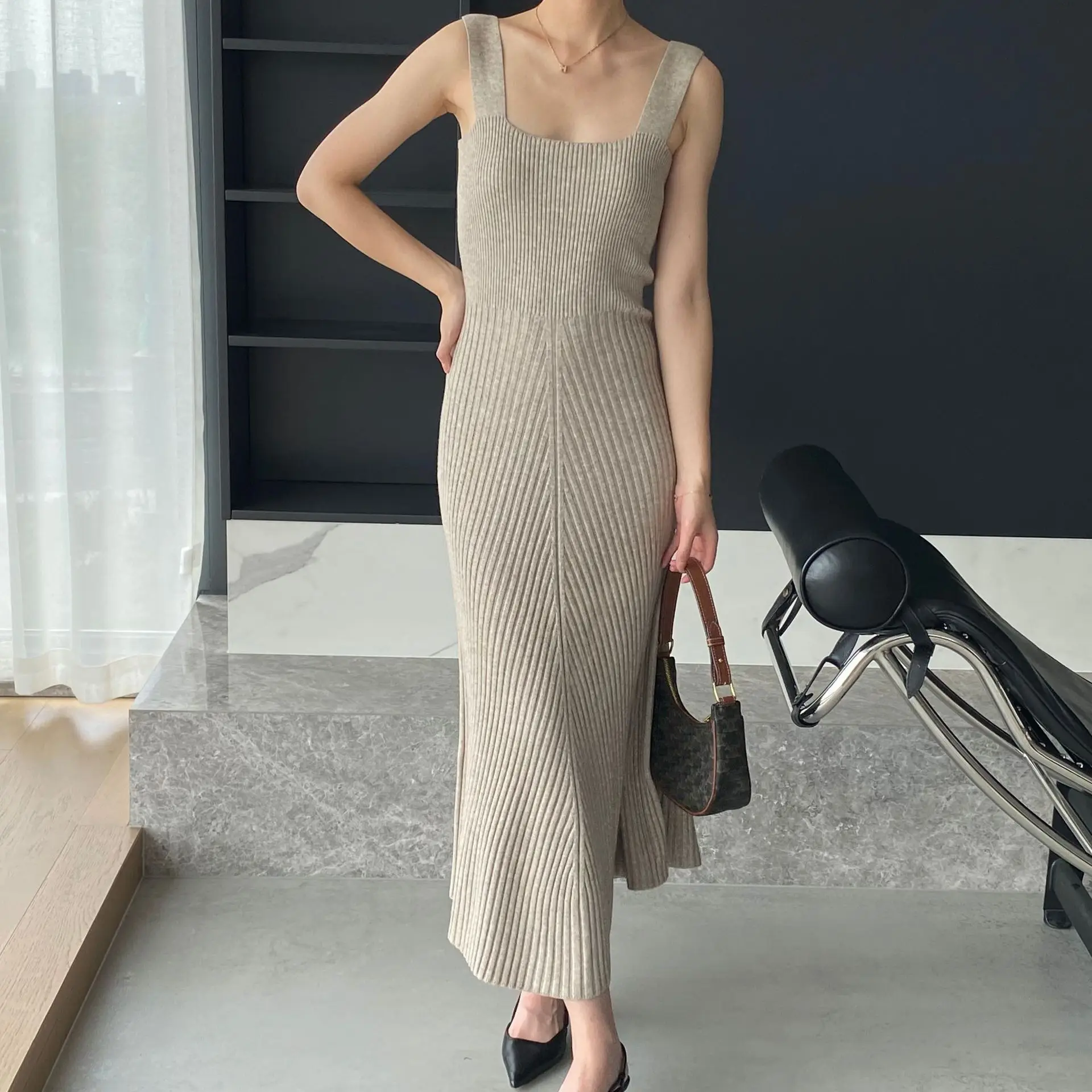 2024 New Women Sexy Sleeveless A-Line Long Dress Solid Color Knitted Material High Stretch Slim Long Sweater Maxi Dress Vestidos