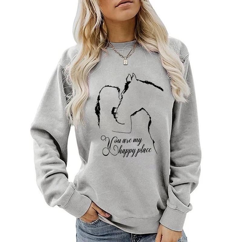 Funny Horse And Girl You Are My Happy Place Print Sweatshirt Autumn Winter Fleece Long Sleeves Pullover For Women Round Neck