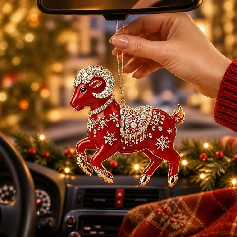 2D Flat Goat Hanging Ornament Acrylic Shining Goat Pendant Artificial Rhinestone Simulation Animal Hanging Decoration