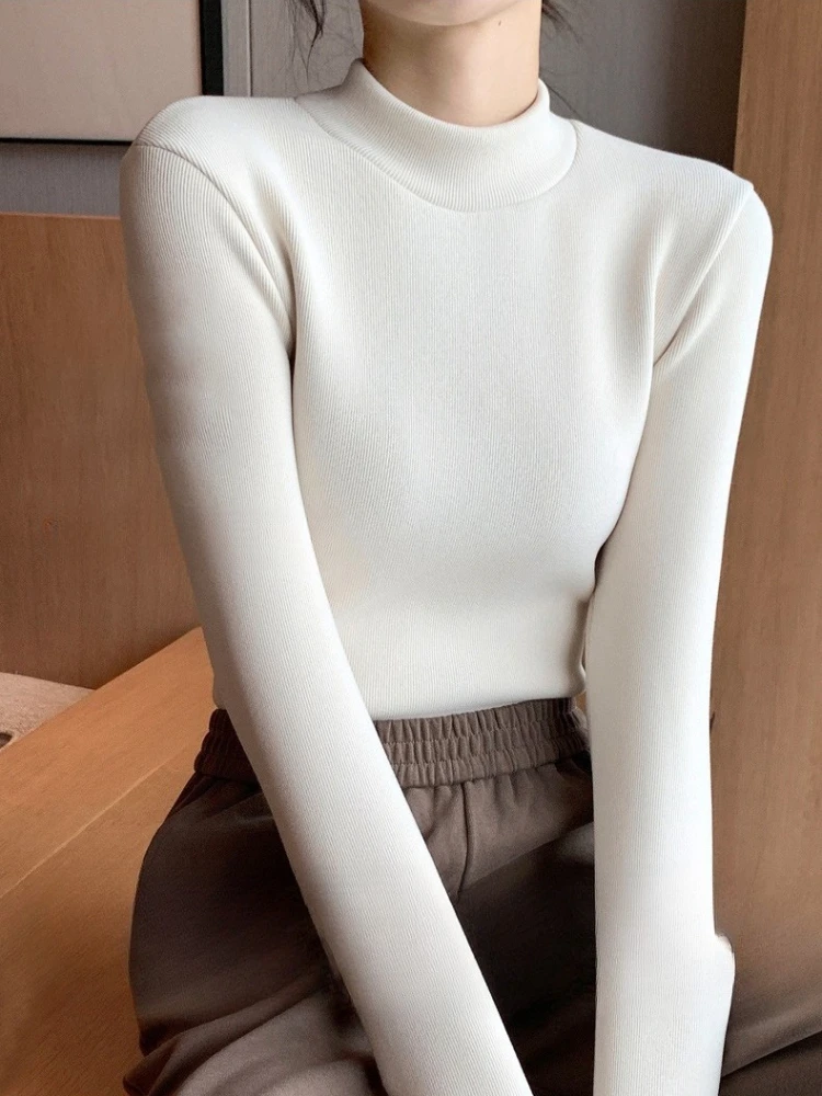 Autumn Winter Women Knit Pullover Elegant Thicken Velvet Lined Warm Sueter Sweater Slim Long Sleeves Tops Jersey Knitwear Jumper