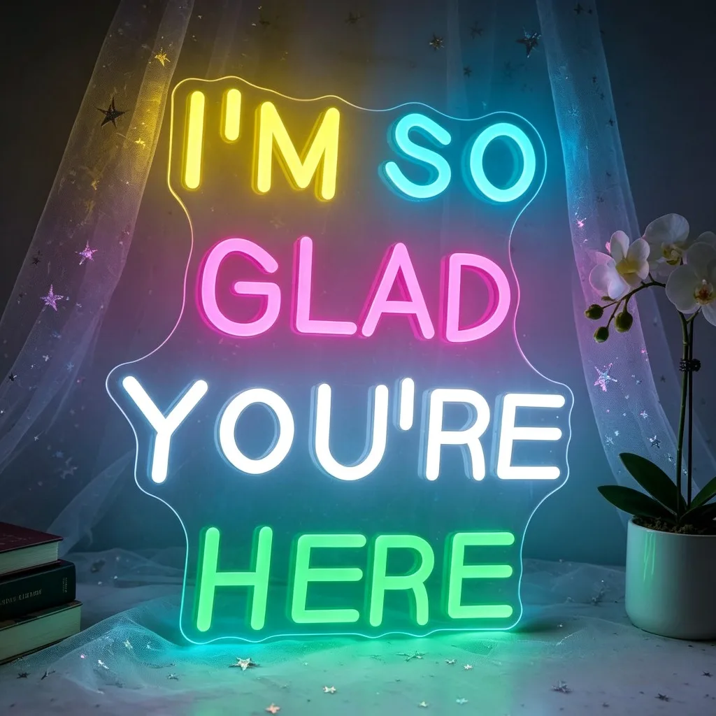 I'M SO GLAD YOU'RE HERE LED Neon Light Dimmable Wall Light for Hotel Cafe Flower Shop Living Room Store Welcome Party Decor Gift
