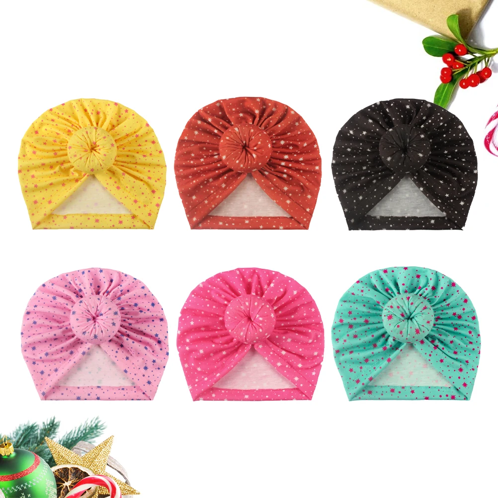 

6pcs Newborn Toddler Knotted Doughnut Hat Soft Cotton Breathable Baby Beanie Comfortable Fit Christmas Gift (Red Yellow Black