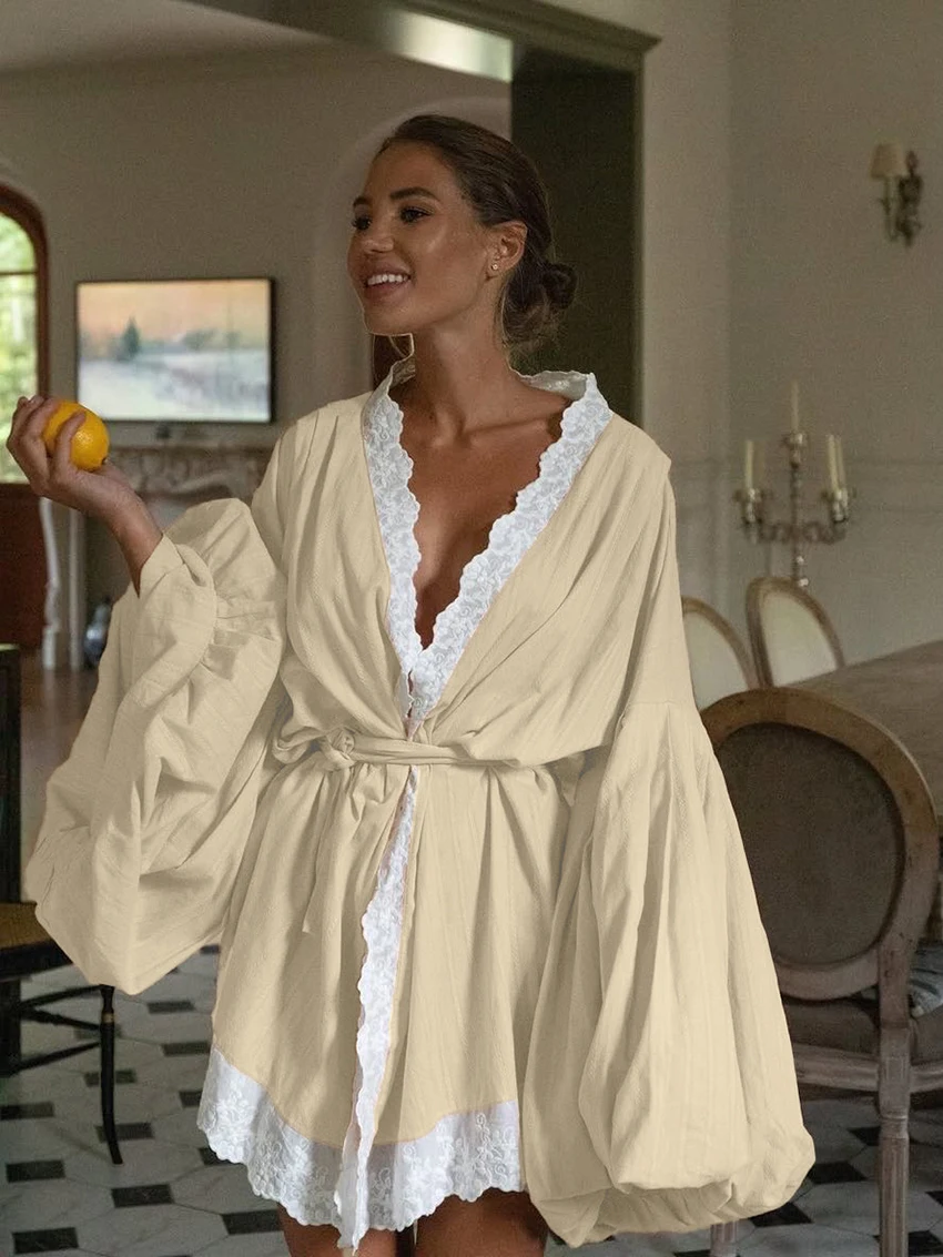 

Marthaqiqi Lace Cotton Ladies Nightgown Sexy V-Neck Sleepwear Long Sleeve Robe Lace Up Pajama Mini Dress Casual Female Nightwear