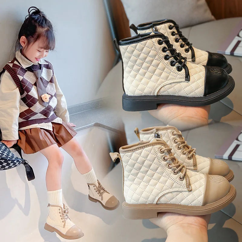 Korean Version Plaid Embossed Side Zippered Leather Boots Princess Boot Winter Shoe for Girl Kid Shoe for Girl Girl Boot Zapatos