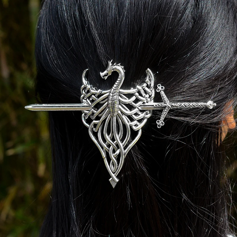 Pagan Dragon Sword Hairstick Punk  Flying Dragon Hairclip Gothic Barrette Witch Hair Jewelry for women