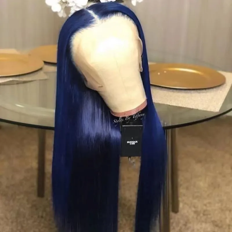 QW rambut sintetis biru tua lurus lembut 13X4 renda depan Wig untuk rambut wanita serat Cosplay tahan panas harian