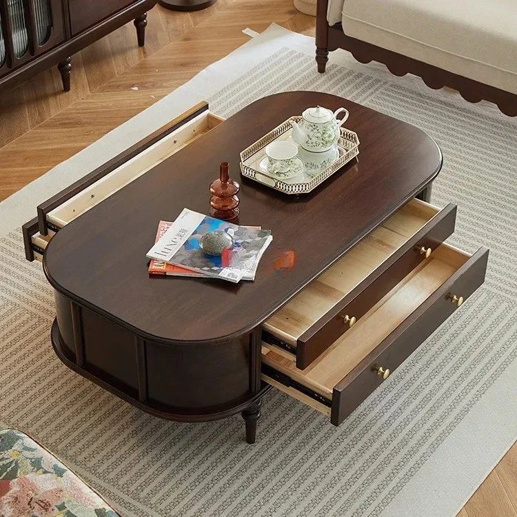 

French Style Retro Coffee Table Solid Wood Pure Log Walnut Oval Coffee Table