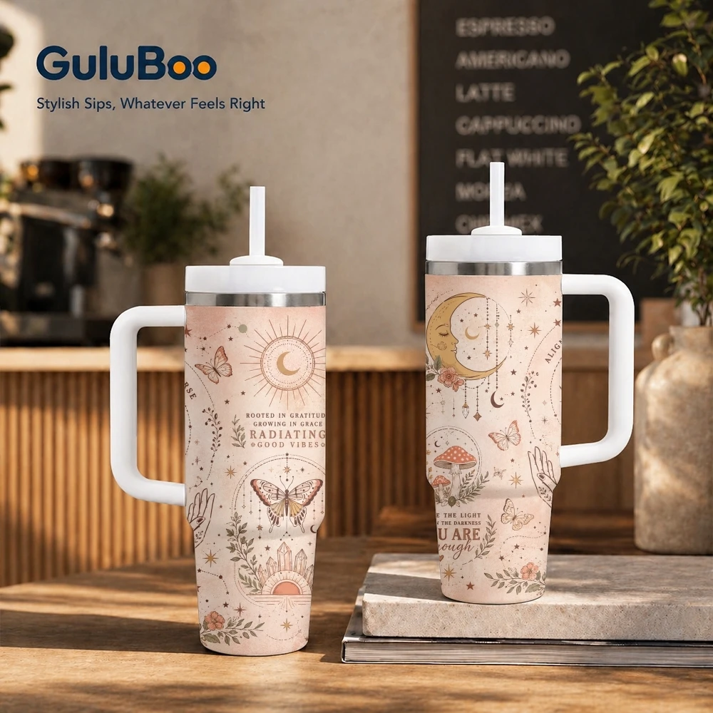 Bloom With Grace Boho Vacuum Flasks 40oz Stainless Steel Insulated Tumbler with Handle & Straw Leakproof Travel Mug