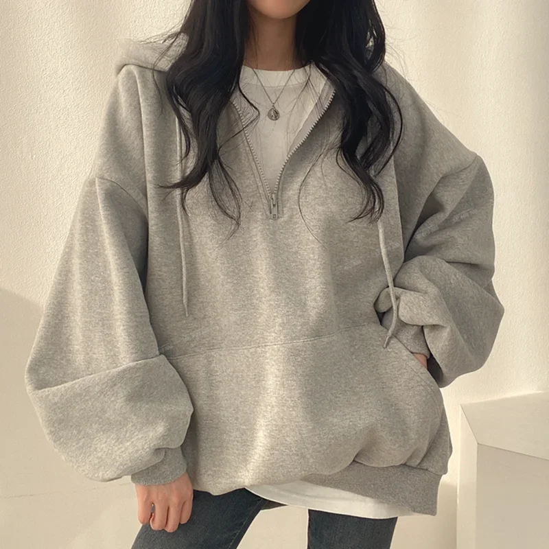 

GIDYQ Korean Casual Solid Hoodie Sweatshirt Women Fashion Loose Half Zipper Lantern Long Sleeve All Match Jacket Tops Autumn New