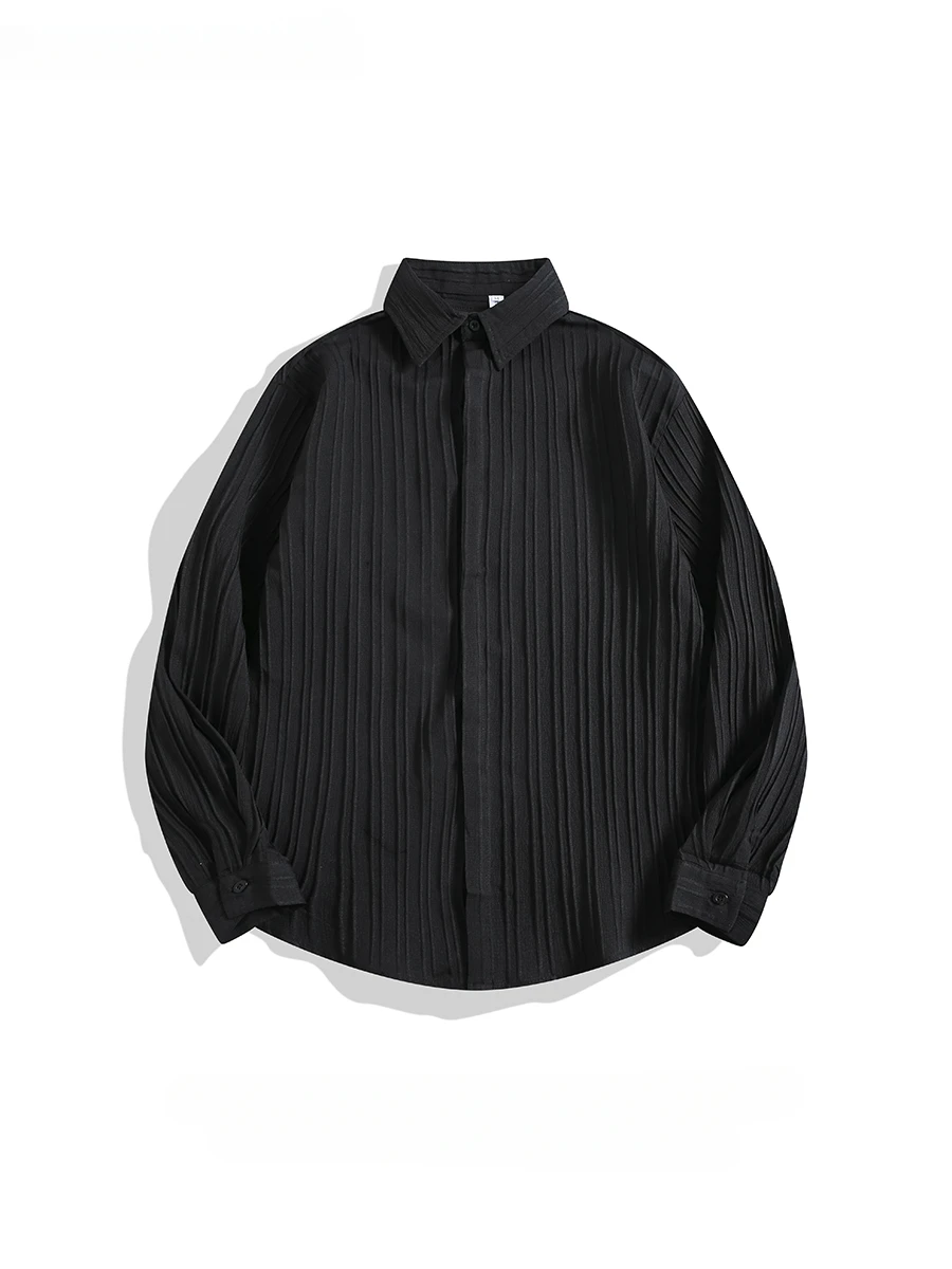 Trendy Brand Drape Striped Embossed Lapel Long-sleeved Shirts Men's Niche High-end Casual Versatile Loose Single Breasted Blouse