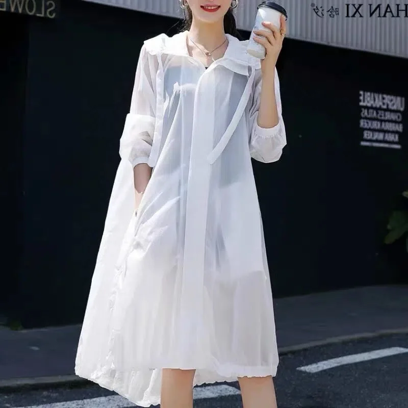 

2023 Summer Women UV-sto Coat Sun Protective Clothing Thin Trench Coat Hooded Outerwear Oversize Loose Zipper Long Windbreaker