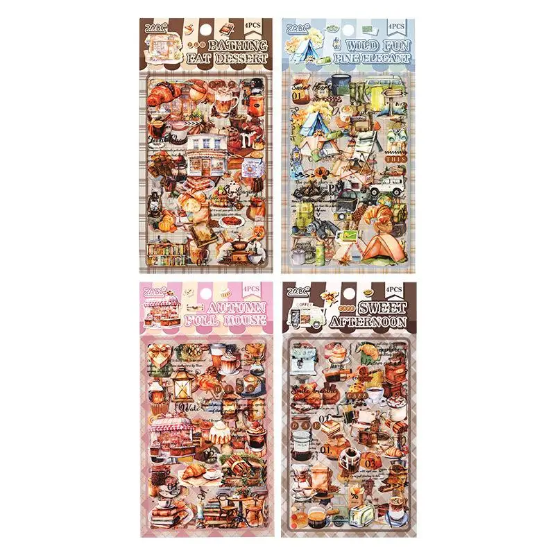 Paket Stiker 4 Lembar/Tas Stiker Datar Makanan Penutup Buku Tempel DIY & Dekorasi Perencana untuk Casing Ponsel Notebook