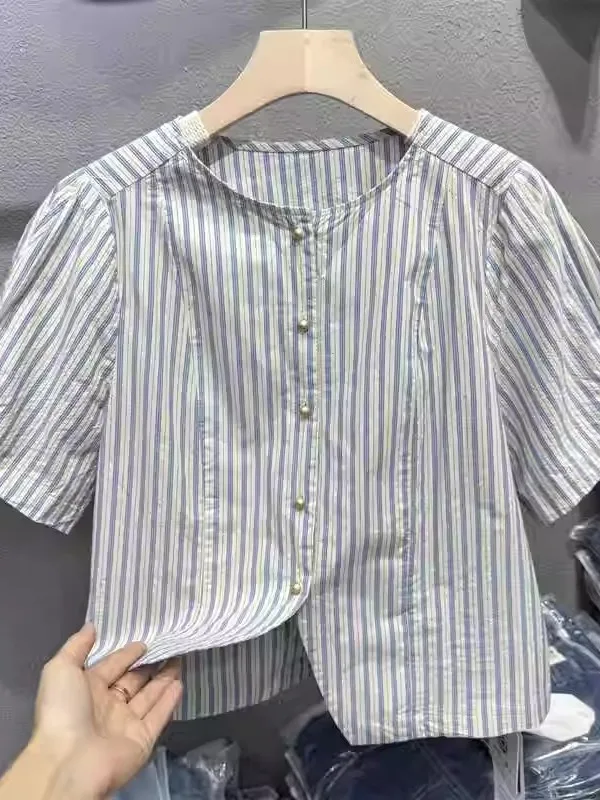 

Blue Striped Simple Vintage Design ort Sve Women's irt Summer Commute Straight Tube Cotton Blend Silk Top