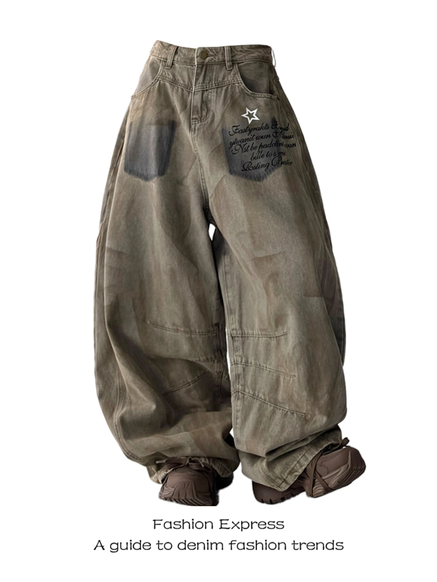 

Y2K Women's High Waist Baggy Jeans Vintage Washed Khaki Denim Pants with Star Letter Print Loose Streetwear Trousers