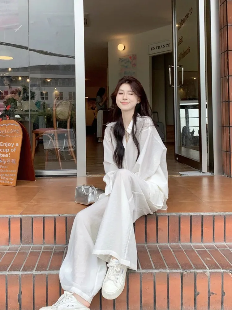 

Faionable Linen Set Женский летний ленивый свободный широкий брюки Длинные светящиеся белые комплекты из двух предметов с воротником на пуговицах