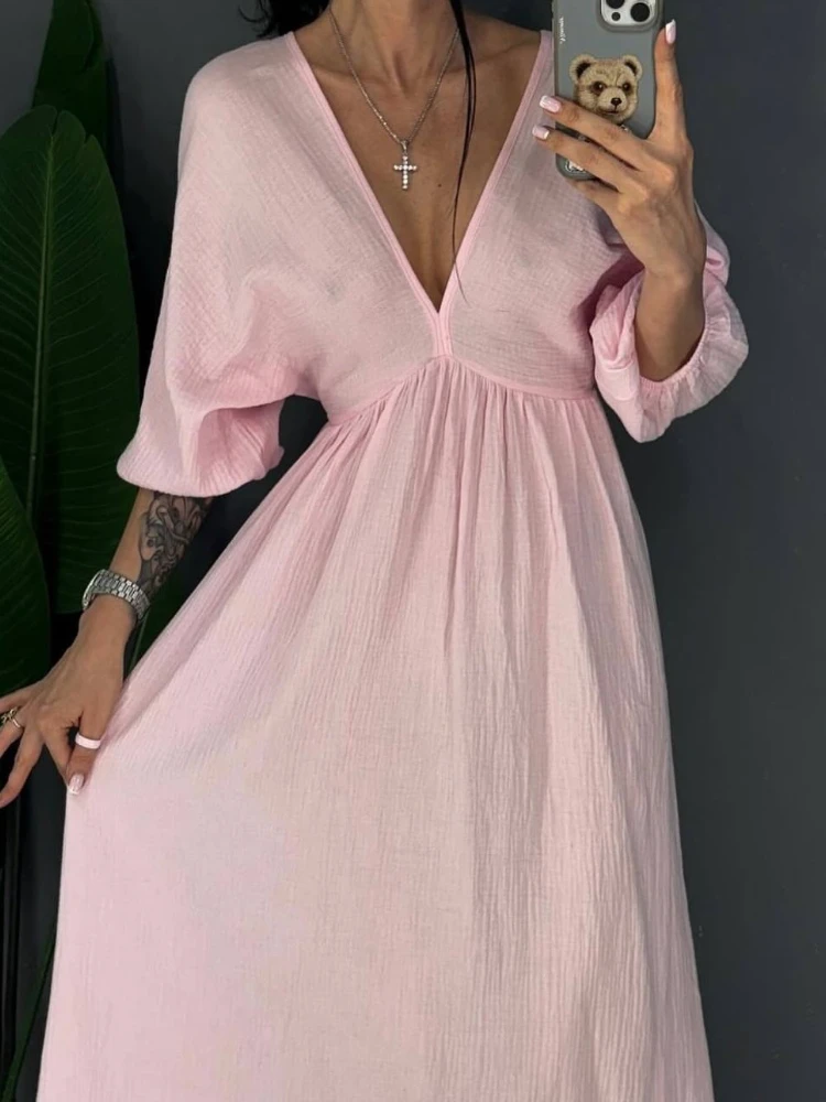 Doce relaxado cintura gravata cor sólida maxi vestido profundo decote em v puff manga curta aberto volta vestidos flowy em camadas longo vestido feminino
