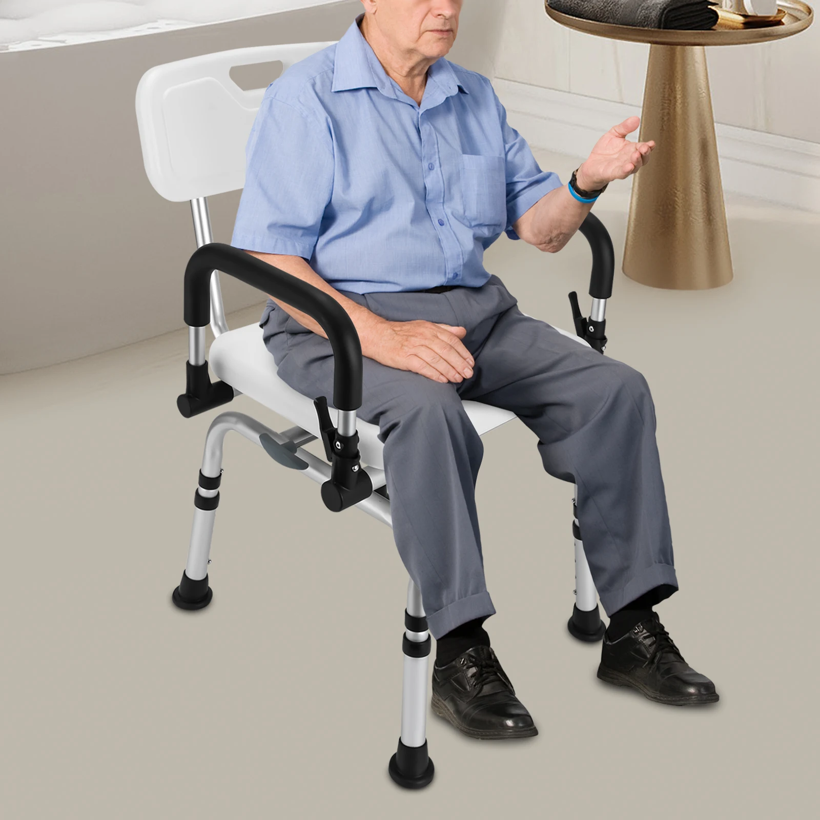 360 ° Drehbarer Duschstuhl mit Armlehnen und Rückenlehne, Kapazität 396,83 lbs, höhenverstellbarer drehbarer Duschhocker für ältere Menschen, Pr – Detail 5