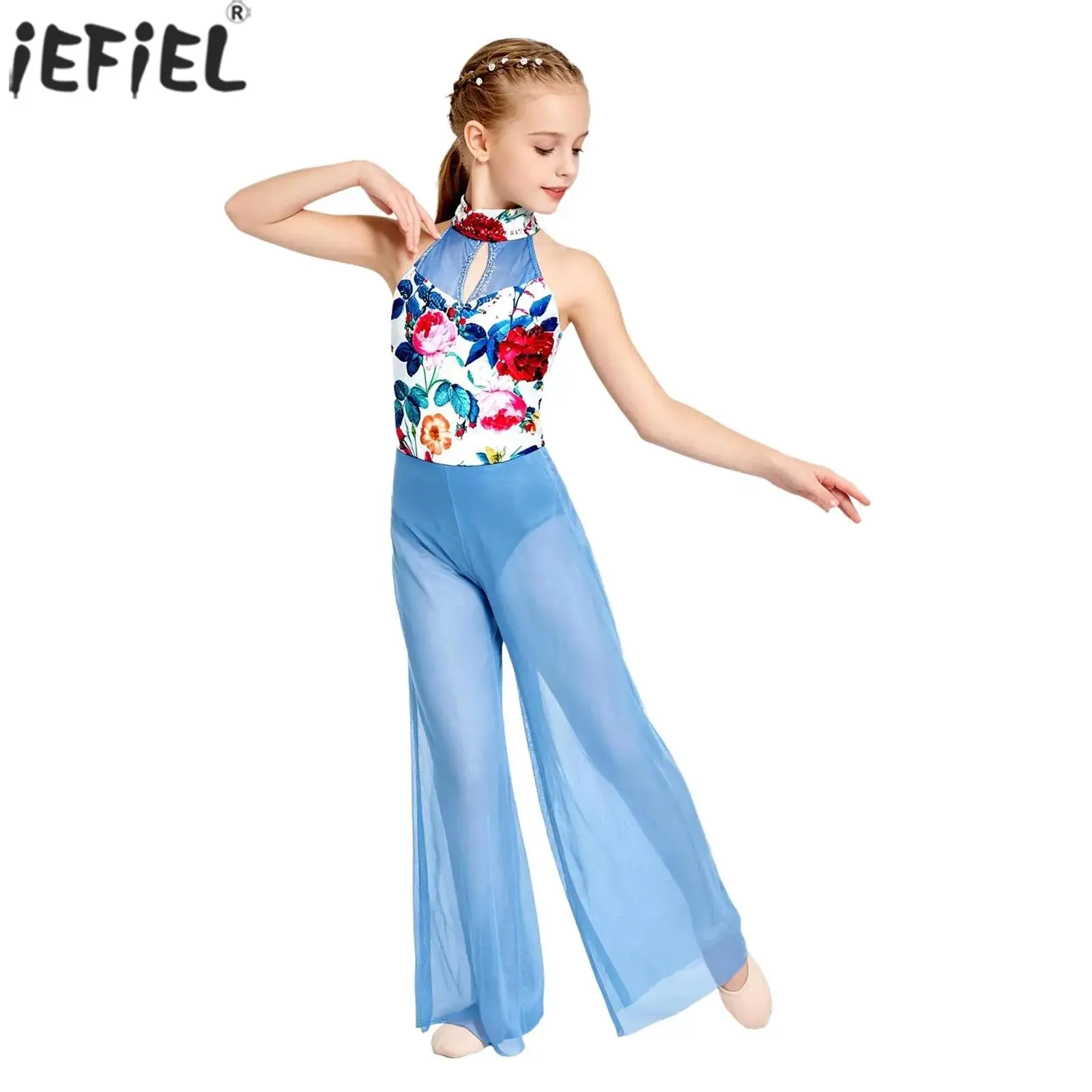 

Kids Girls Modern Lyrical Dance Jumpsuit Sparkly Rhinestones Halter Sleeveless Leotards Ballet Figure Skating Gymnastics Costume