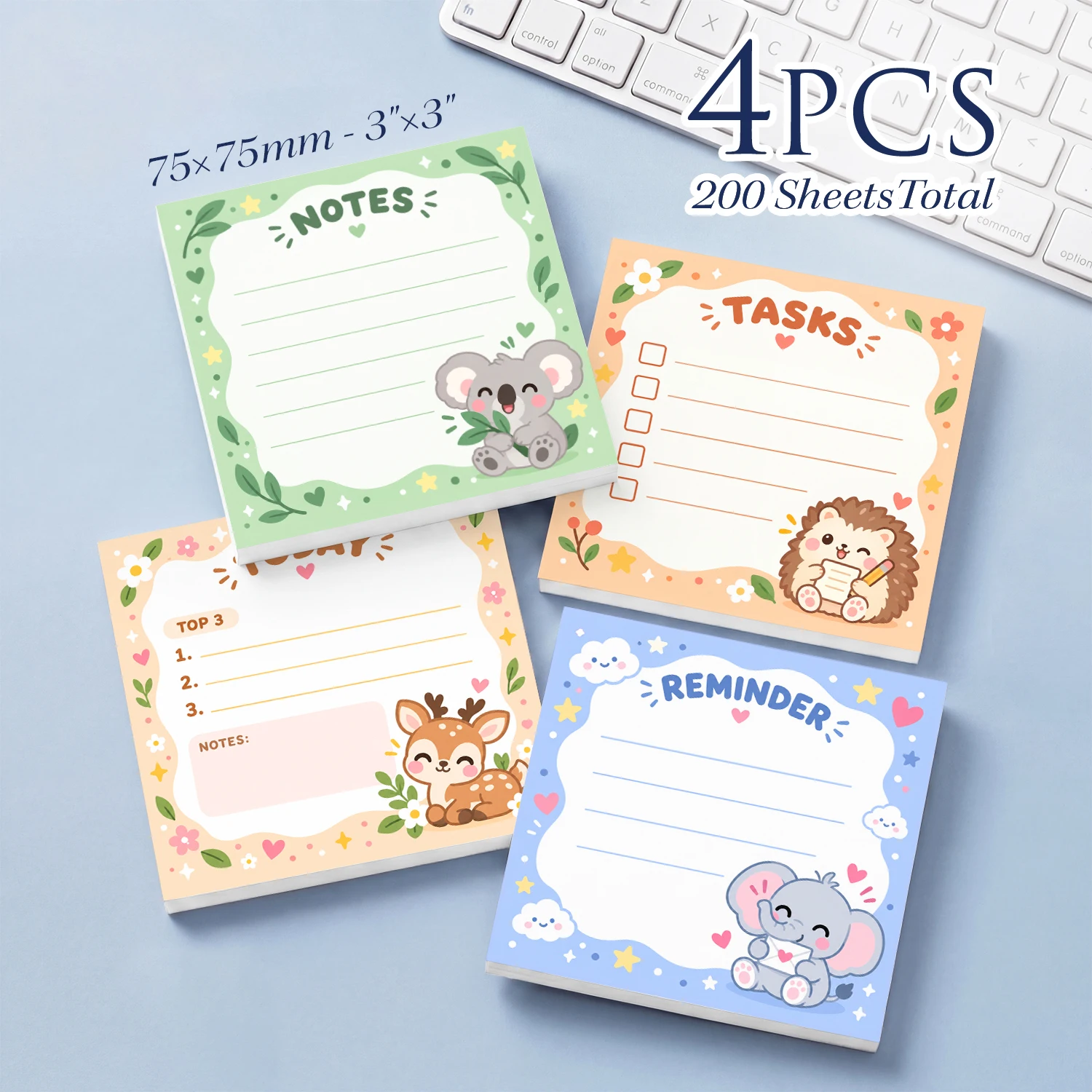 4PCS Cute Animal Sticky Notes 200 Sheets Tasks Reminder Notes Daily Planner Checklist Memo Pads Office School Stationery